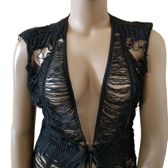 Distressed Tie Waist Short Sleeve Fringe Knit Cover Up Robe Womens XXL Black - Picture 6 of 15